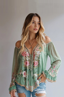 Women Off the Shoulder Blouse Flare Sleeve Floral Chiffon Mesh Lace Hem Shirts