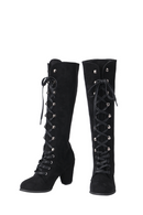 Medieval Victorian Women Knee High Boots Gothic Suede Chunky Heel Lace Up Mid Calf Shoes Cosplay Costume
