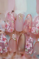 24pcs Pink Flowers Fake Nails Flowers Almond False Nails for Women Wearable Full Cover Sweet Press on Nails