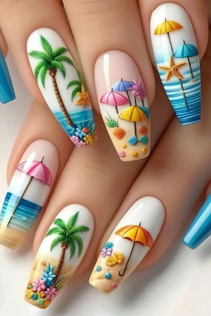 24pcs Long Square False Nail Sets Reusable Ocean Beach Pattern Design Press on Nails Yellow Fake Nails Coffin Manicure Finished