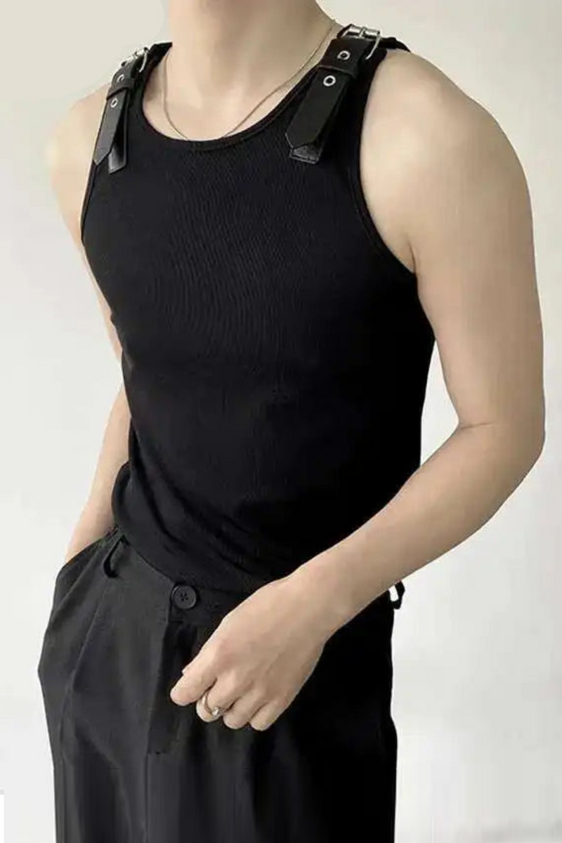 Personalized Design Men Leather Shoulder Loop Casual Knitted Sleeveless Summer