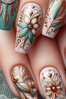 Press on Nails Coffin False Nails Leaf Butterfly Wearable Nail Feathers Acrylic Full Cover Nail Tips