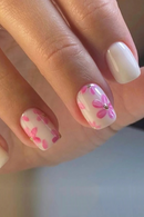 Pink Flower False Nails Nude Color Ballet Press On Nails Simple DIY Manicure Floral Short/Mid-length Fake Nails