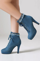 Short boots denim material lace up high heels with rivets decoration platform women's shoes