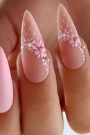 24Pcs Nude Pink Almond False Nails Glitter Powder Designs Fake Nail Long Stiletto Nails Set Artificial Wearable Press on Nails