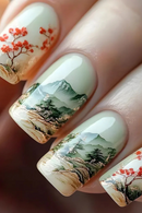 24pcs Green Fields Press on False Nail Full Cover Nature Design Wearable Manicure Nail