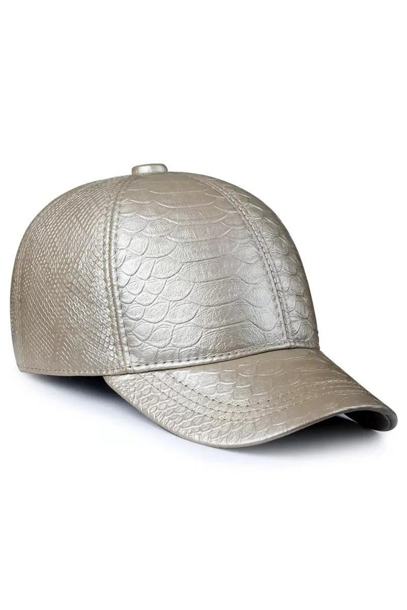 Spring Autumn Genuine Leather Snake Pattern Baseball Cap Adjustable Off White Peaked