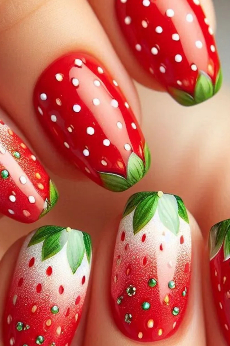 24pcs Press on Nails Summer Strawberry Fruit False Nails with Charms Red Nail Tips Artificial Nails