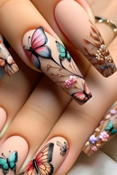 Stick-on Nails Finger Nail Tips Multicolor Butterfly Fake Nails Press on Nails for Girls