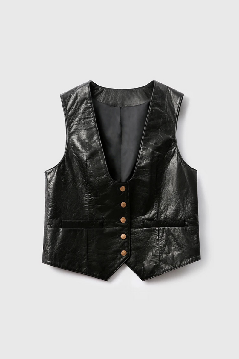 Genuine Leather Waistcoat Fall Winter Retro Single Breasted Vest Jacket For Women