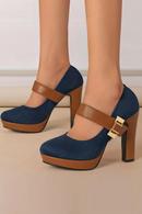 Women's Retro Style Round Toe High Heeled Pumps Buckle Platform Block Heel Shoes Office Lady Comfortable Heels
