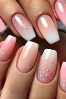 Gradient Pink False Nail Glitter Design Press on Short Square Reusable Ballet Nails Art Finished