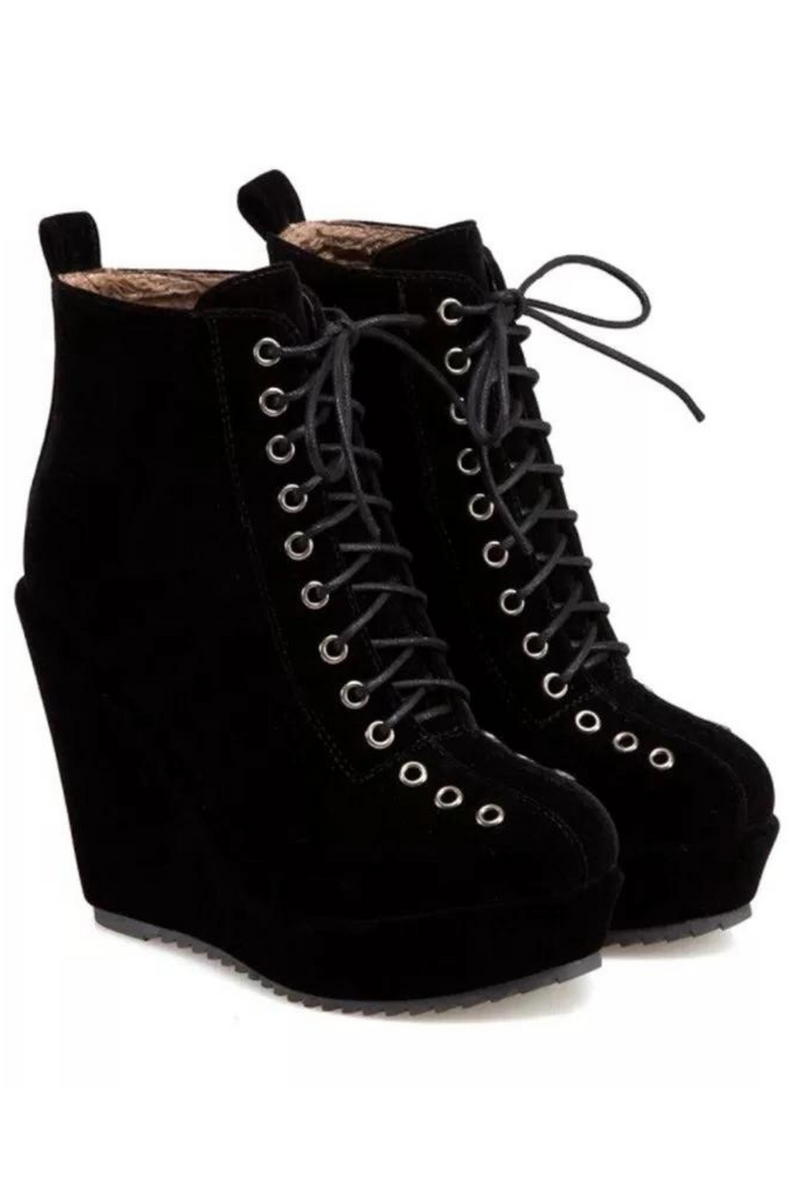Women Ankle Boots Short Winter Shoes Wedge Heels Black Punk Female Footwear