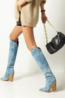 Denim Western Women Knee Thigh High Boots Autumn Winter Slip on Woman Shoes