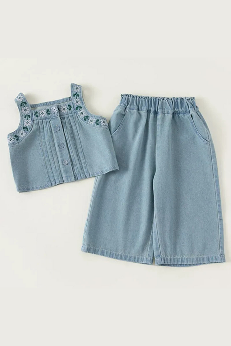 Summer Costume Toddler Girl Clothes Flowers Sleeveless Denim Baby Pants Boutique Kids Clothing