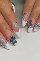 Retro Blue Simple Flowers Press on Nails for Women
