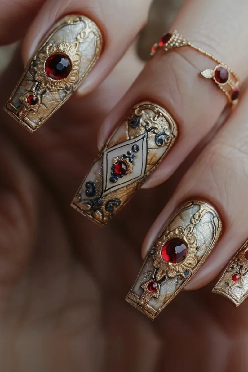 Decorative nails with gold and red gemstone designs on a blurred background, Obroi