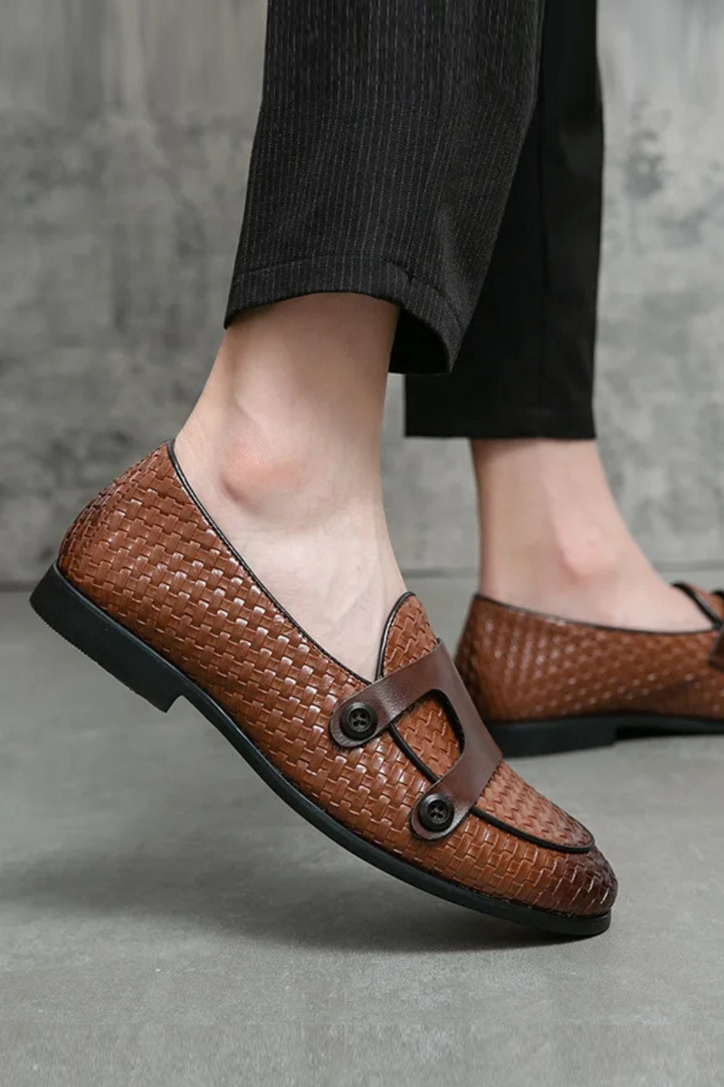Weave Leather Monk Shoes Men Buckle Loafers Moccasins Men Flats