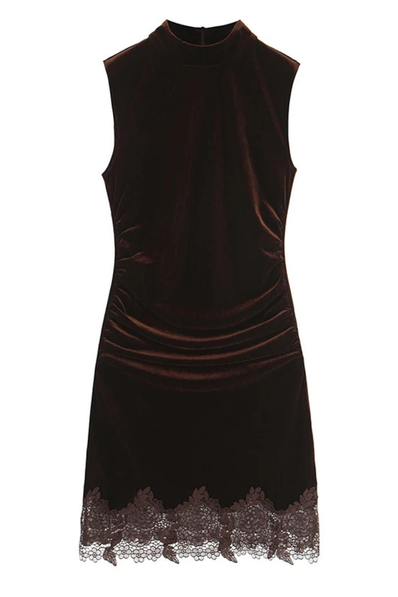Women Lace Trim Velvet Dress Side Draped Sleeveless Mini Dresses Female