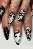 24pcs Black Punk Girls Painted False Nails Full Cover Wearable Japanese Almond Press On Nails Tips