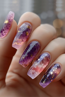 24pcs Gradient Purple Nail Tips Starry Sky Shiny Star Pattern Press On Nails Charming Mid-length T False Nail