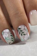 Sping Summer Flower Fake Nails with Green Square False Nails Wearable Acrylic Finished Press on Nails