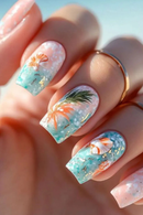 24pcs Nails Wearable Beach Seashell Design Square Stick on Nail Sets Mid-length Ballet Press on Fake Nails