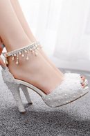 Women Lace Platform Sandals High Heels Waterproof Female White Wedding Shoes Pointed Toe Peep