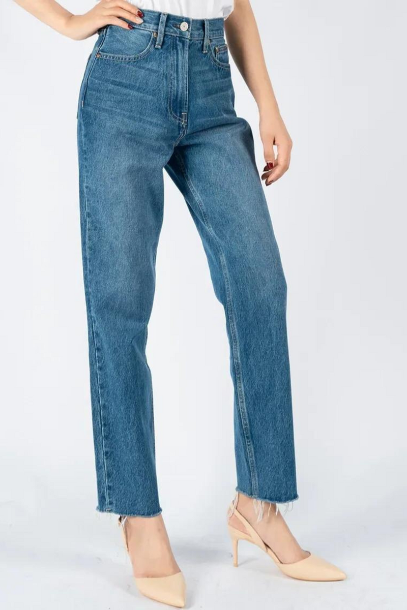 Spring/Summer European and American High Waist Retro Wash Blue Straight Leg Jeans with Topstitching and Raw Edges