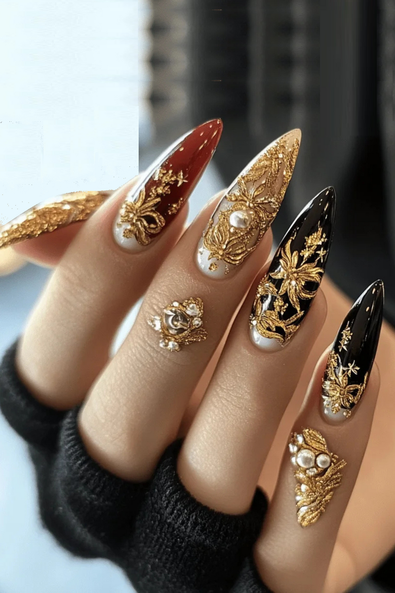 Almond Nails Set Press on Nails Golden Print Detachable Artificial Full Cover False Nails Tips