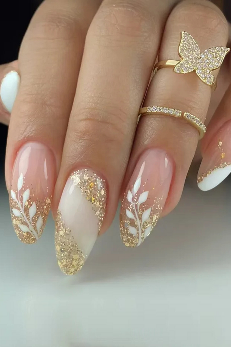 24pcs Flower Press on Nails Detachable Short Oval False Nail Art Simple Almond Fake Nails Tips