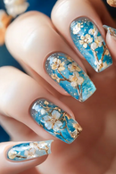 24Pcs Medium-Length Holiday Nails Blue Blossom Press-On Nails Perfect Gift for Women