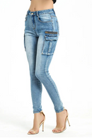 Women Jeans Slim Pants Multi Bag Women Slim Pants Women Trousers Blue