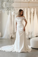 Simple Mermaid Wedding Dresses White Off The Shoulder Flower Satin Bridal Dress Wedding Prom Gowns