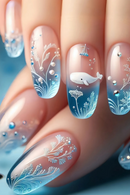Medium Long Fake Nails Gradient Blue Press on Nails Ocean Fish Water Plans Jellyfish Flowers Press on False Nail Art Sticker 24