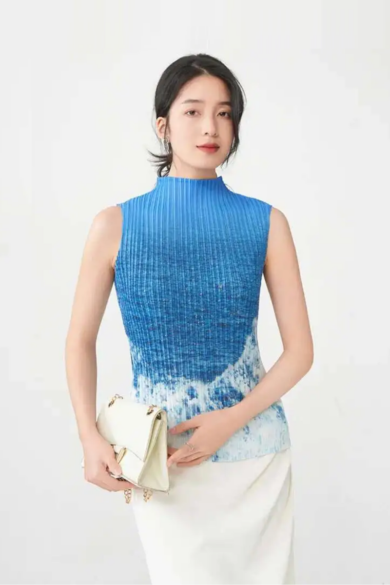 Women's Half-neck Gradient Pleated Tops Sleeveless Slim-fit  Female Summer
