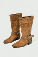 Retro Western Ankle Boots for Women Belt Buckle Decoration Wedge Mid Calf Boots