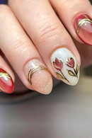 24Pcs Short Almond Nails Set Press on Cat's Eye Gilding Flower Full Cover Fake Nails Tips Detachable False Nails