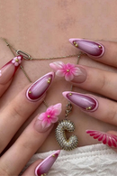 Finished False Nails Press on Ins Pink Long Almond Nails Tips with Flower Pearl Design