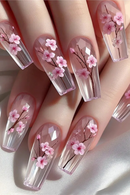 Sweet Nails Butterfly Flower Acrylic Nail Glitter Glossy False Nail Full Cover Autumn Press on Nails Tips