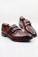 Brown Double Monk Straps Buckle Genuine Calf Leather Breathable Outsole Men Shoe