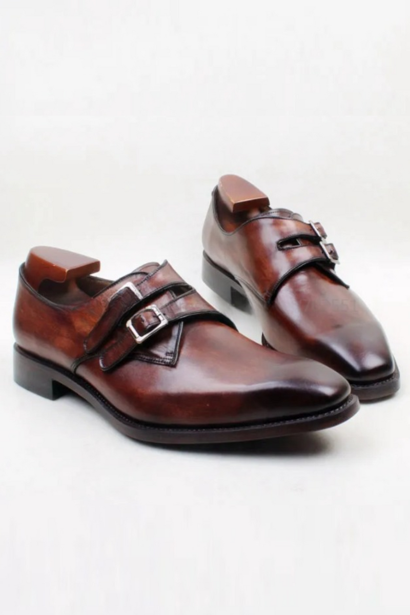 Brown Double Monk Straps Buckle Genuine Calf Leather Breathable Outsole Men Shoe