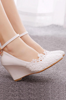 Women Wedding Shoes Bride Bridesmaid Dress 8cm Wedges High Heels White Lace Flower Female Pumps