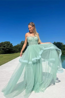 Light Green Strapless Prom Dress Tulle Wedding Dresses Elegant