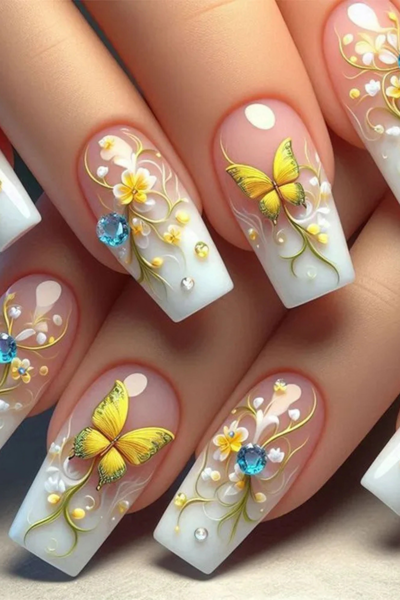 24pcs Gradient White False Nails Diamond Design Mid-length Square Press on Nails Sets
