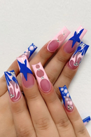 French Blue Star Diamond False Nails Press On Long Coffin Flame Stripe Designs Ballet Nail Art
