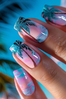 24Pcs Holiday Style Square Fake Nail Gradient with Coconut Tree Pattern Press on False Nail