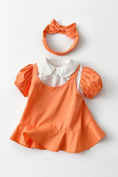 Casual Baby Dress Peter Pan Collar Infant Clothes Girls Clothing with Hairband Orange