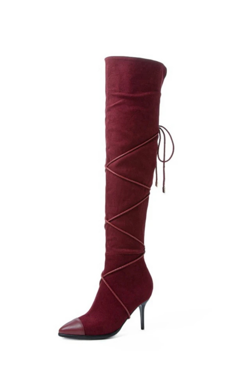Female Motorcycle Boots Pointed toe Thin heels Flock Cross-tied Club Party