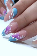 Blue Nails With Flower diamond Wearable Stiletto Fake Nails Full Cover Nail Tips Press On Nails